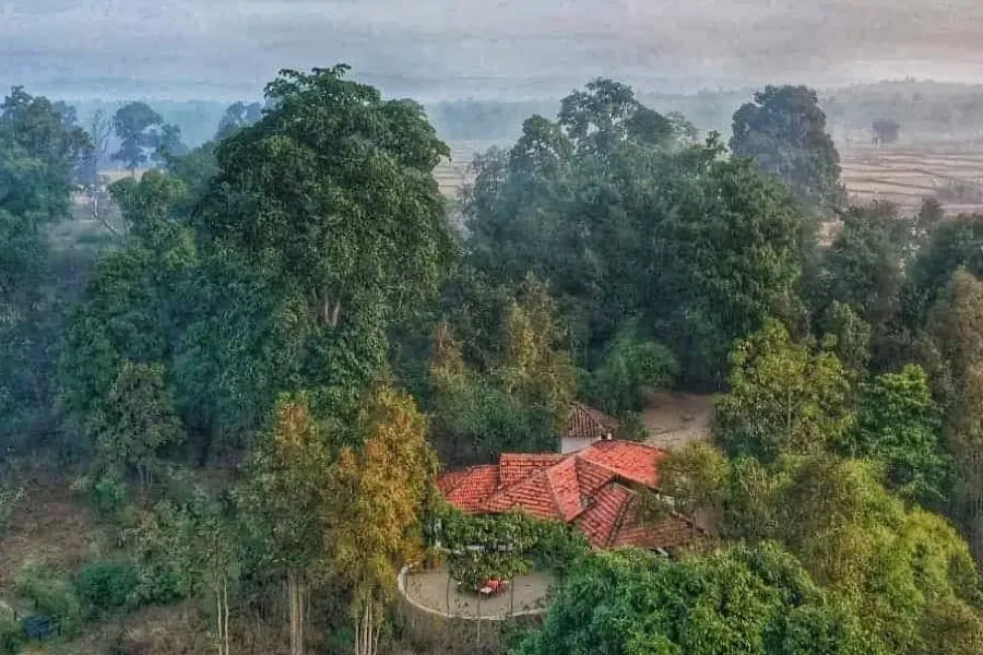 View of forest lodge surrounded by dense greenery during Kanha expedition