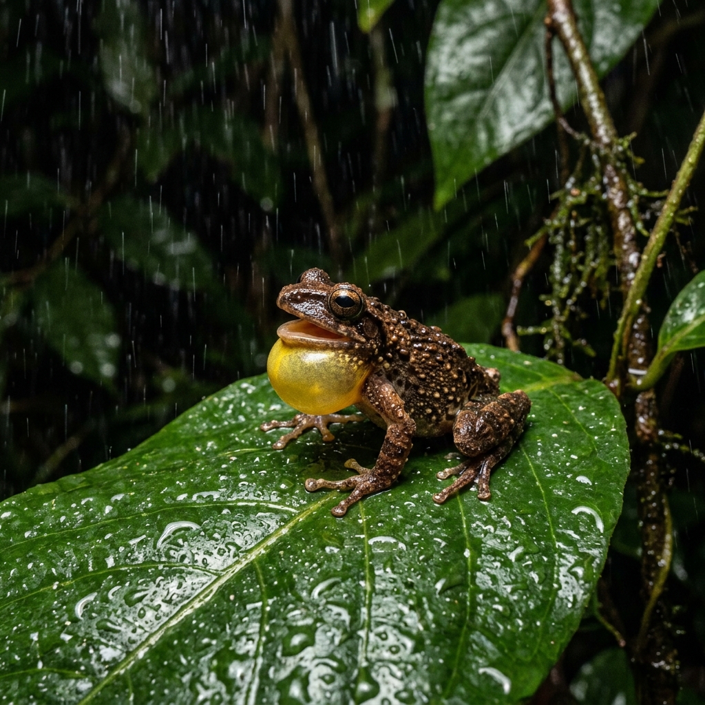 Amboli bush frog calling from a wet leaf at night, vocal sac inflated