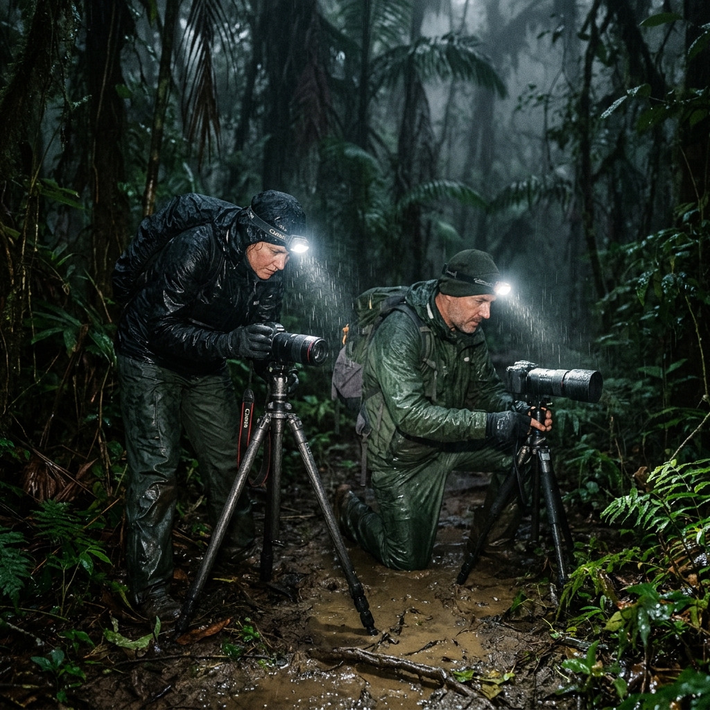 Wildlife photographers setting up macro cameras on tripods in the monsoon rain at Amboli