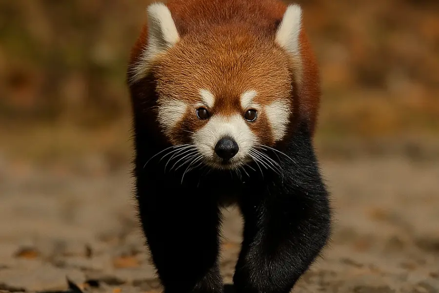 A red panda walking through the forest, looking straight at the camera with a curious expression.