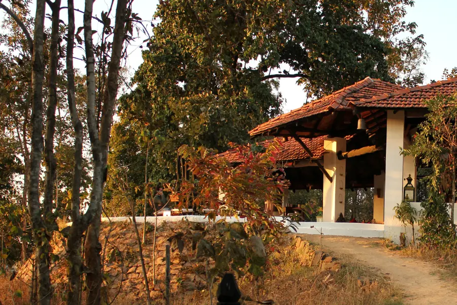 Lodge with terracotta roofs nestled in the forest, blending rustic charm with natural surroundings.